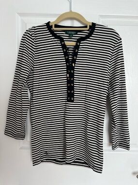 Ralph Lauren Black & White Striped Lace-Up Long Sleeve Tee